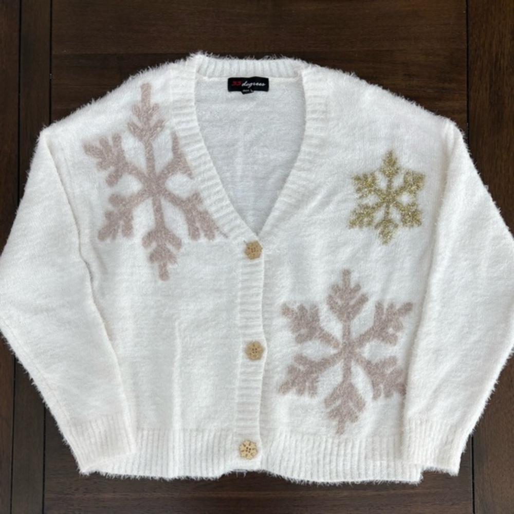 Women's 33 Degrees Ivory Winter Snowflake Button Cardigan Sweater Medium